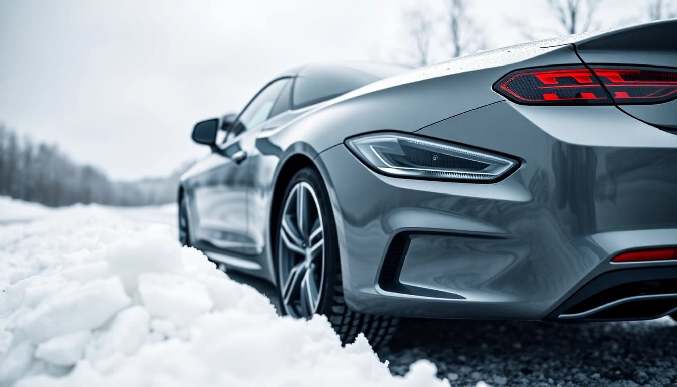 PPF winter road salt protection showcasing a vehicle's glossy finish amidst harsh winter elements.