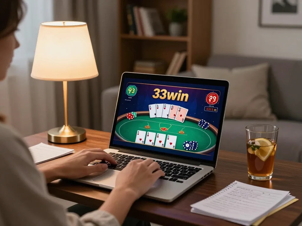 Engaging online poker session on 33win showcased in a cozy living room environment