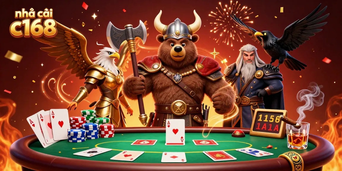 Engage with nhà cái c168 in a vibrant casino scene with Viking bear, eagle, and poker elements.