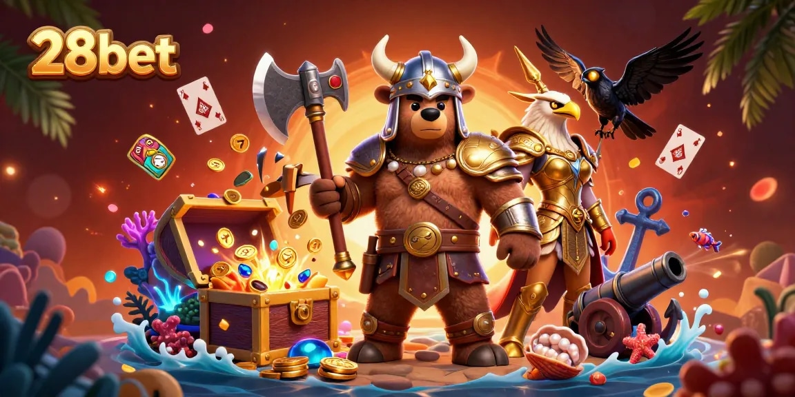 Experience thrilling action with 28bet in this vibrant 3D casino illustration featuring colorful slots, gold coins, and dynamic characters.