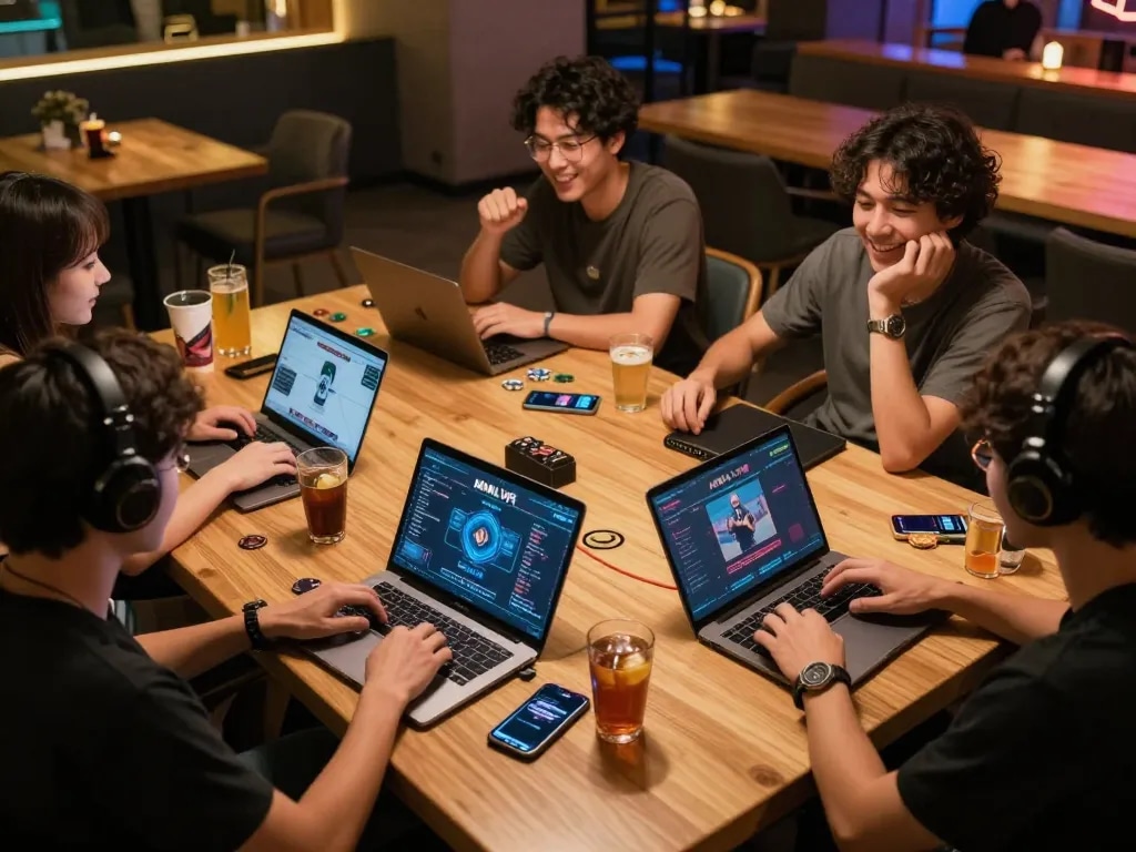 MMLIVE players enjoying interactive online poker game in a cozy gaming lounge