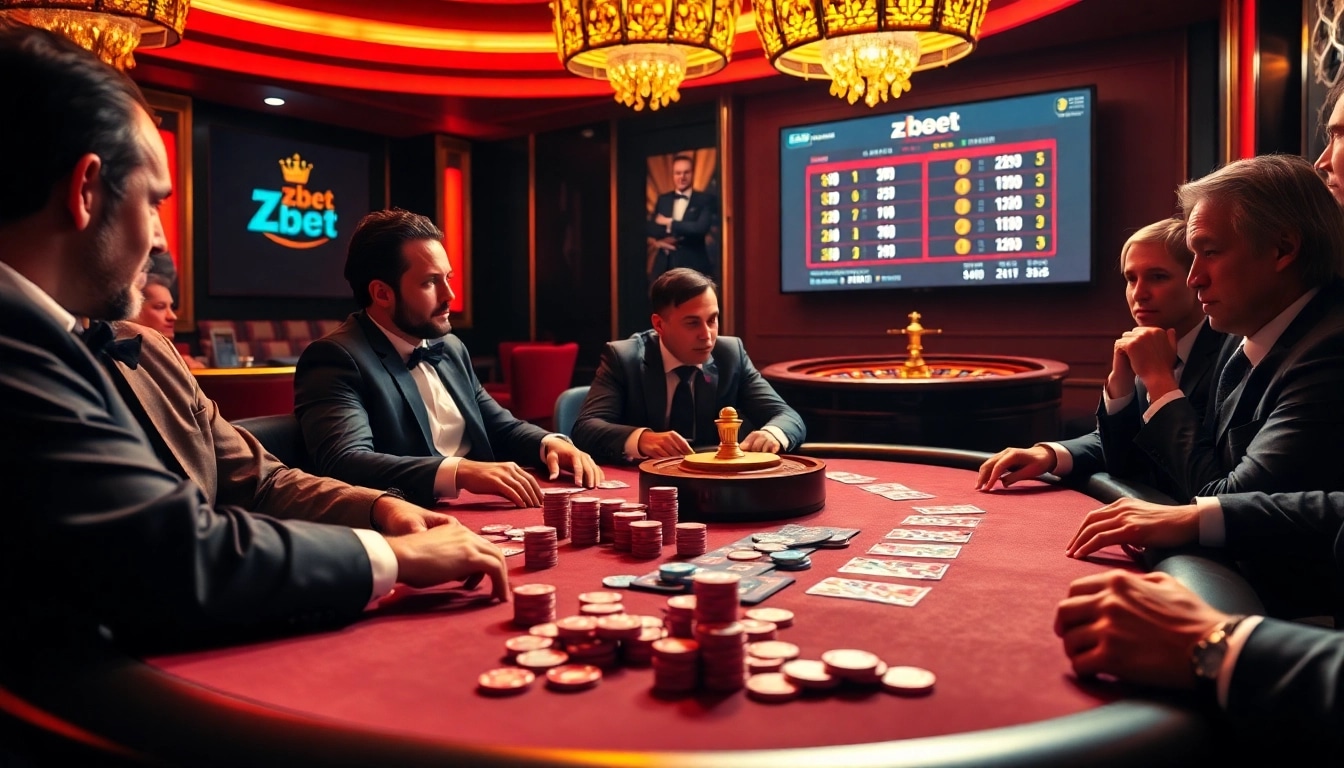 Zbet gamblers in action at a vibrant poker table with chips and cards.