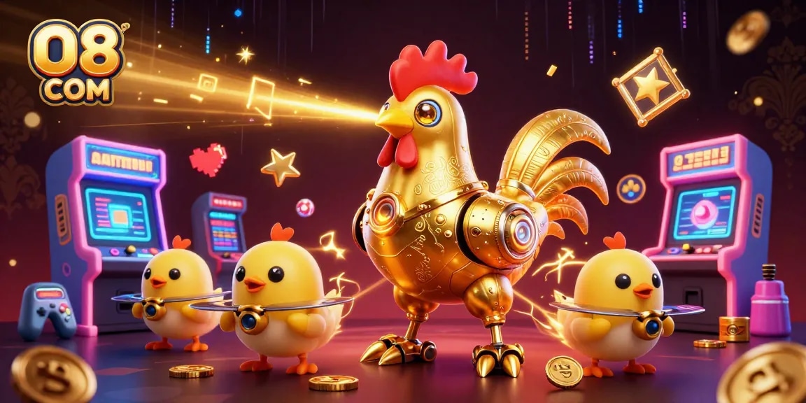 Experience exceptional gameplay with O8 COM as colorful casino elements surround a golden robot.