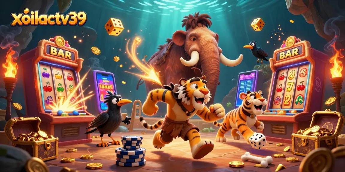 xoilactv39's prehistoric casino scene with caveman, tiger, and crow amidst dynamic jackpot elements.