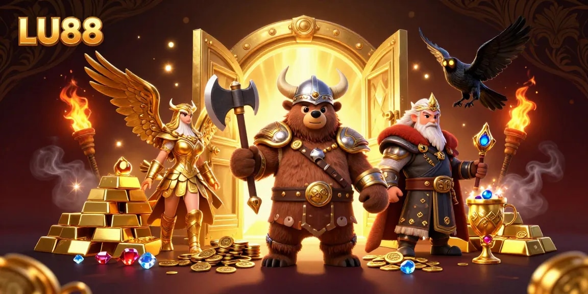 Spin slots and unlock treasures with LU88's thrilling gaming experience in a fantasy scene.