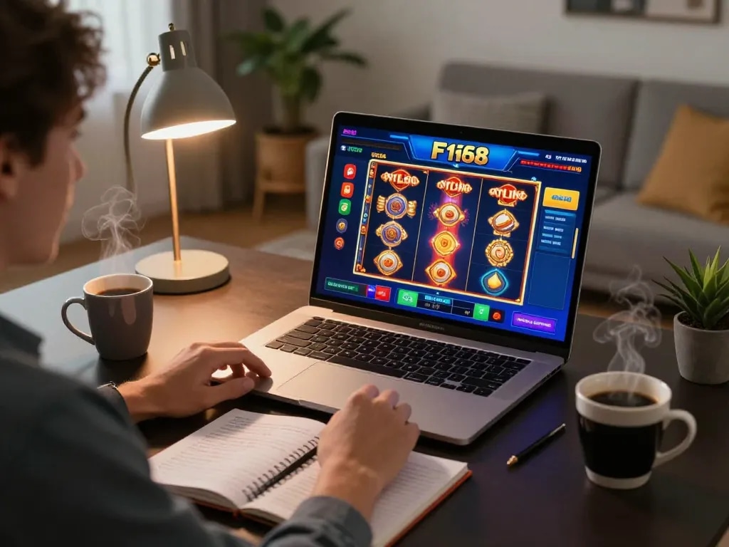 Person excitedly engaging with F168 online casino on a laptop, highlighting strategic betting.