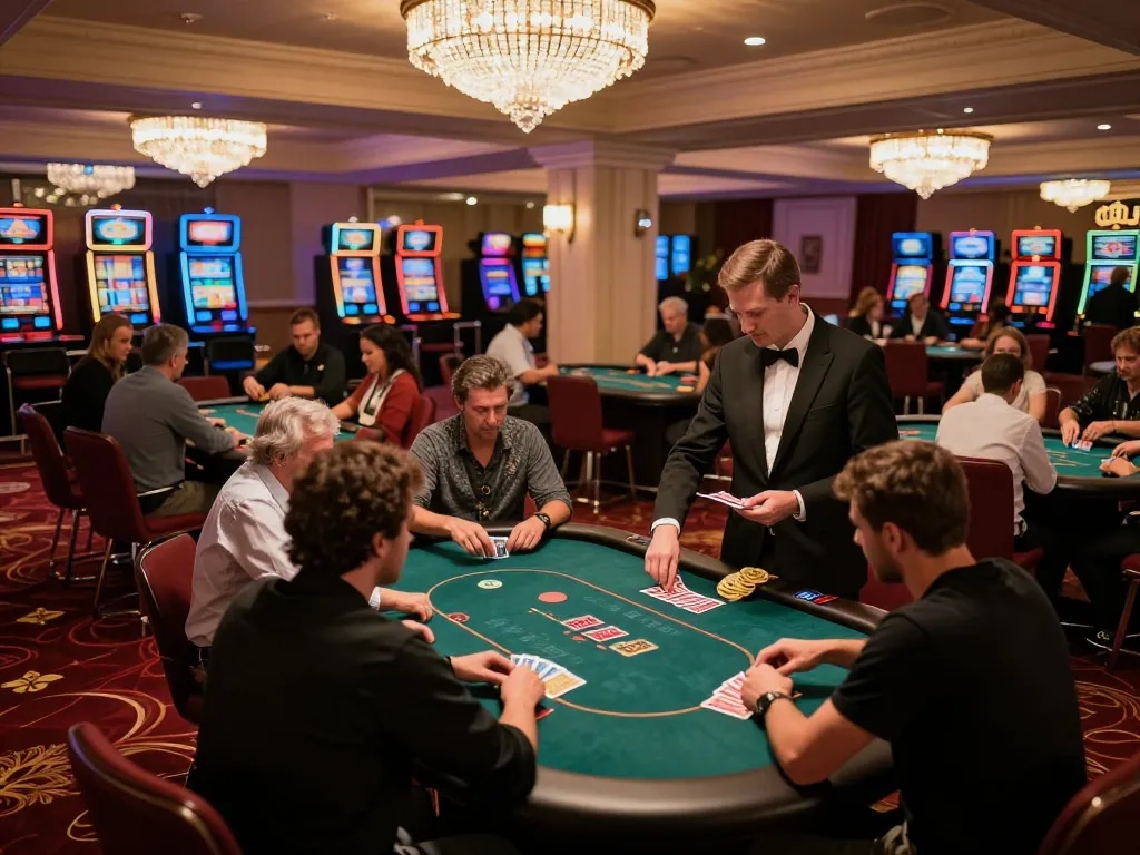 Players engaging in poker games at a sophisticated shbet casino floor, dynamic atmosphere with elegant lighting.