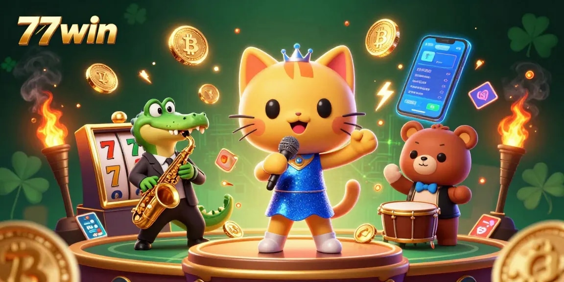 Experience the thrill of winning with 77win’s vibrant gaming scene featuring captivating characters and slot elements.