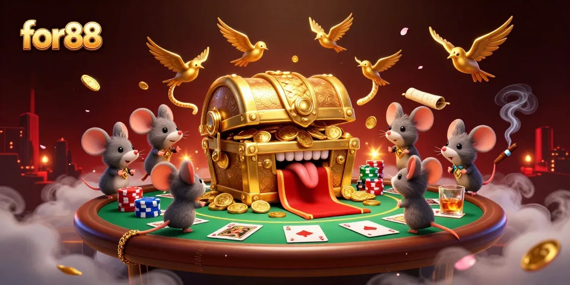 Experience the excitement of for88 with a vibrant 3D casino scene showcasing poker and treasure elements.