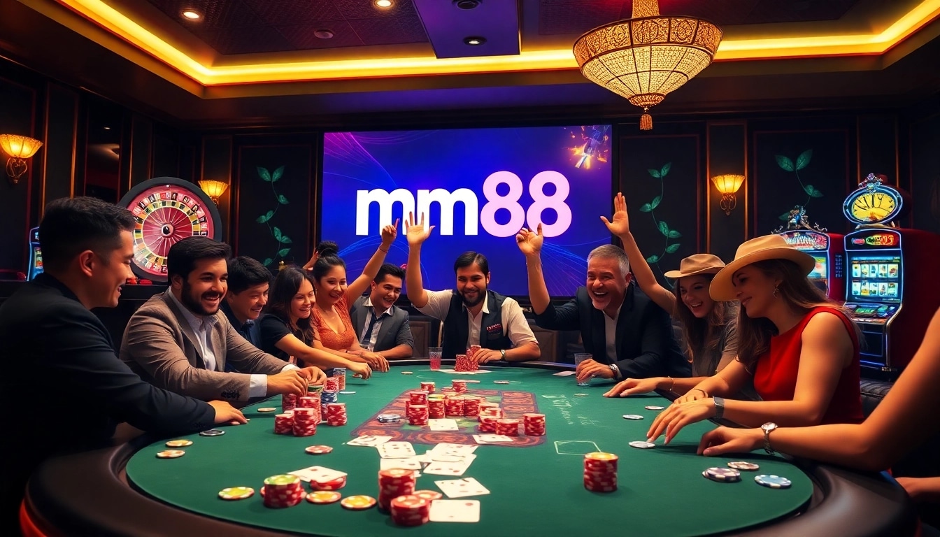 Players engaging around a poker table celebrating their win, featuring the mm88 link logo and vibrant casino elements.