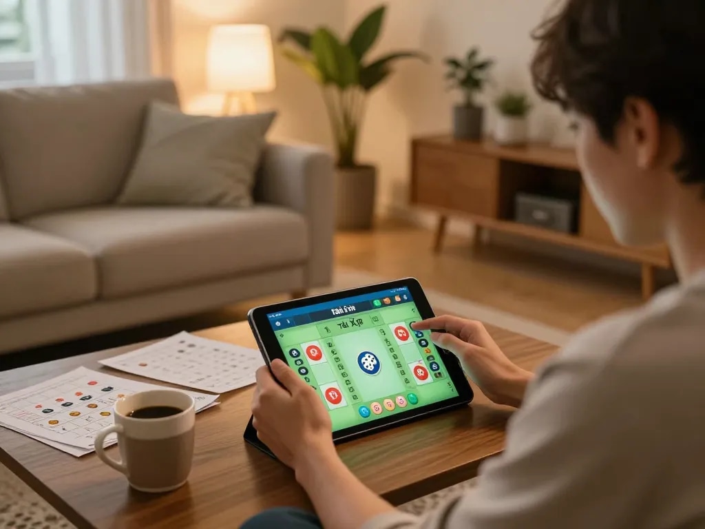 Person engaged in app tài xỉu online gameplay on tablet in cozy home setting