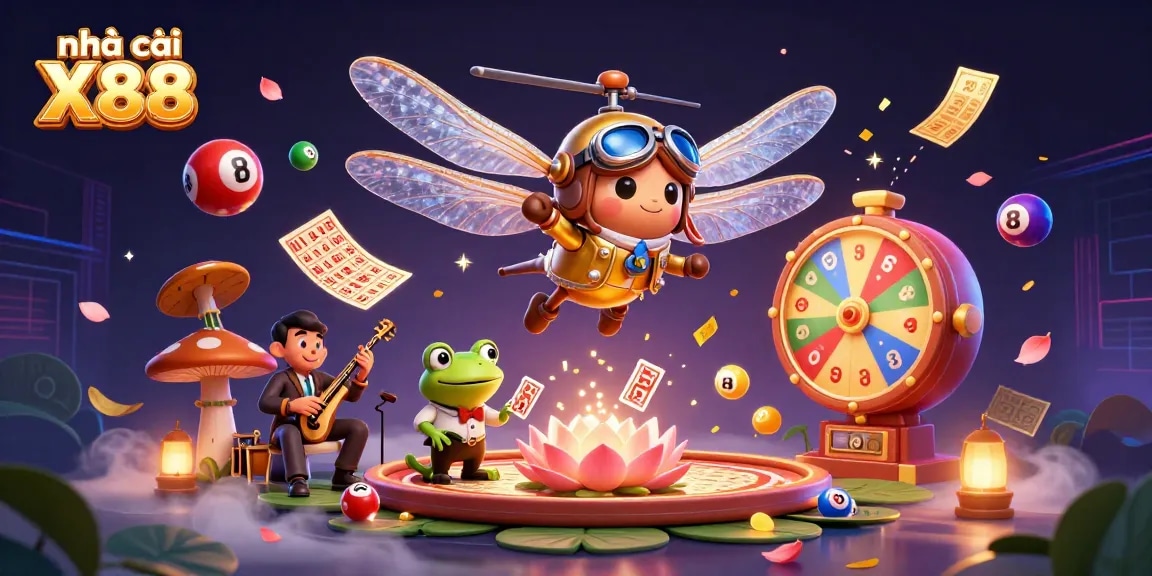 Engage with nhà cái X88 featuring vibrant 3D illustration of casino characters amidst vibrant gaming elements.