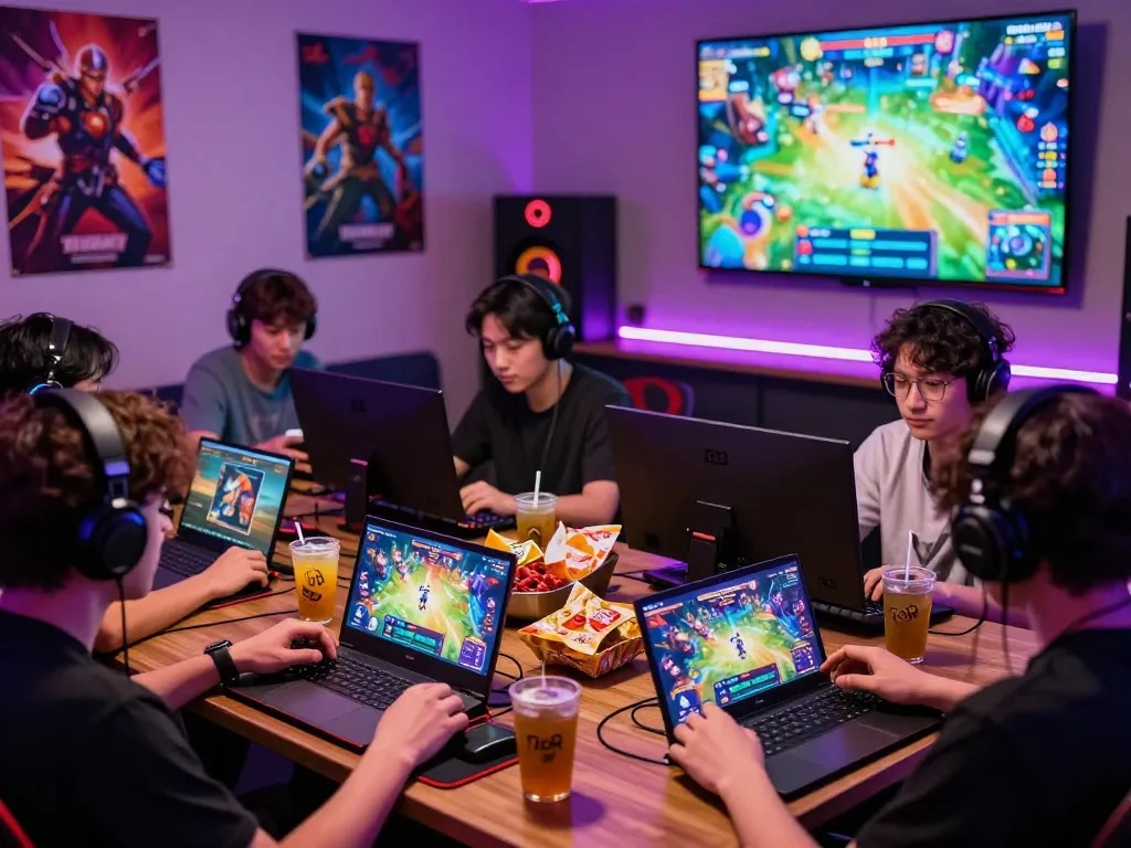 Exciting gaming atmosphere featuring 789club interface, players immersed in mobile games, vibrant colors, snacks, and LED lights.