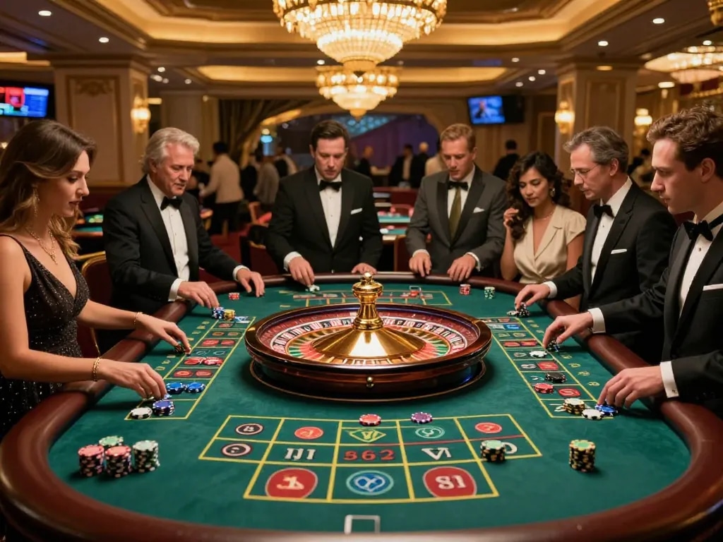 Players eagerly placing bets at a vibrant roulette table in a luxurious casino setting, showcasing CM88 excitement.