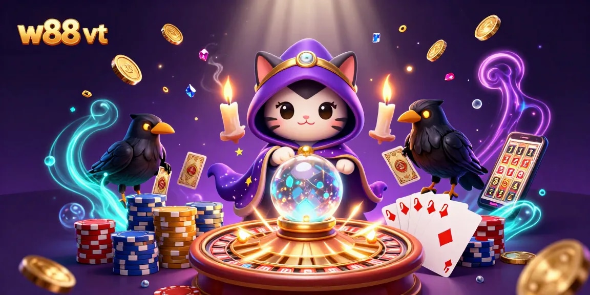 Trải nghiệm cá cược tại w88 vt với hình ảnh bí ẩn của mèo tiên tri và chim raven.