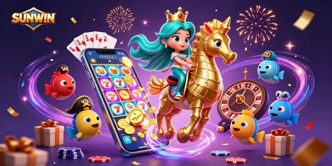 SUNWIN gaming action in an illustrated 3D scene with vibrant mermaid characters, slot games, and celebratory elements.