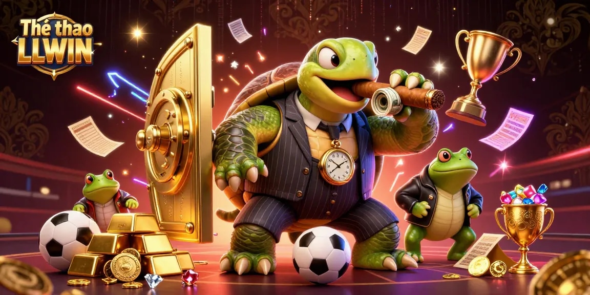 Thể thao LLWIN showcases sports betting excitement with cartoon characters surrounded by treasures