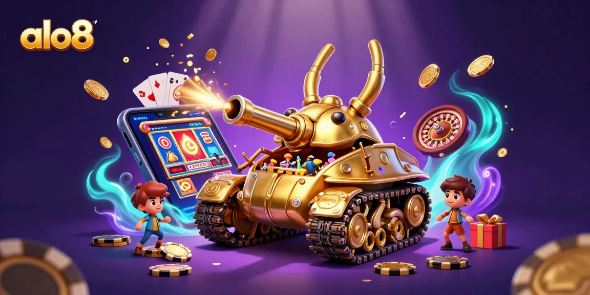 Alo8 showcases a vibrant 3D casino scene with a beetle tank, slot games, and confetti, highlighting excitement.