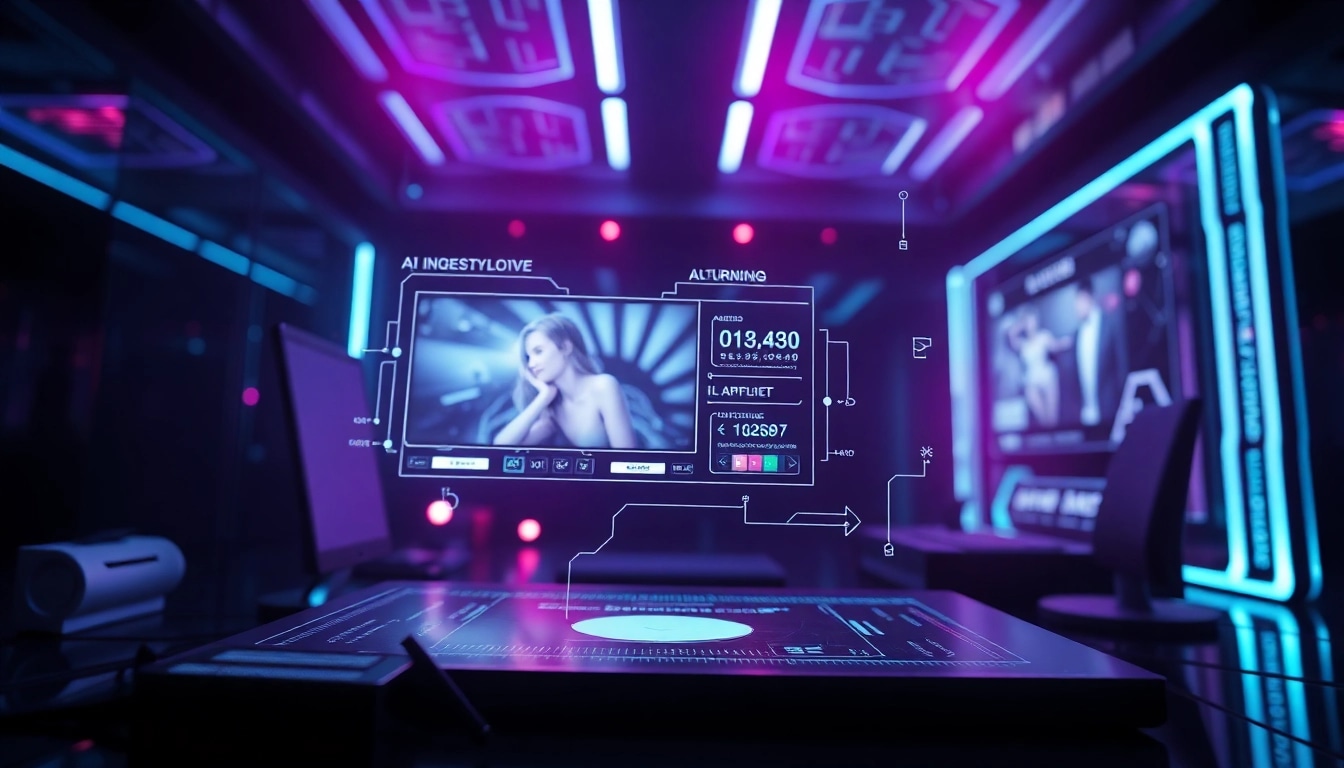 Intriguing representation of ai porn showcasing AI technology generating customizable adult content in a futuristic setting.