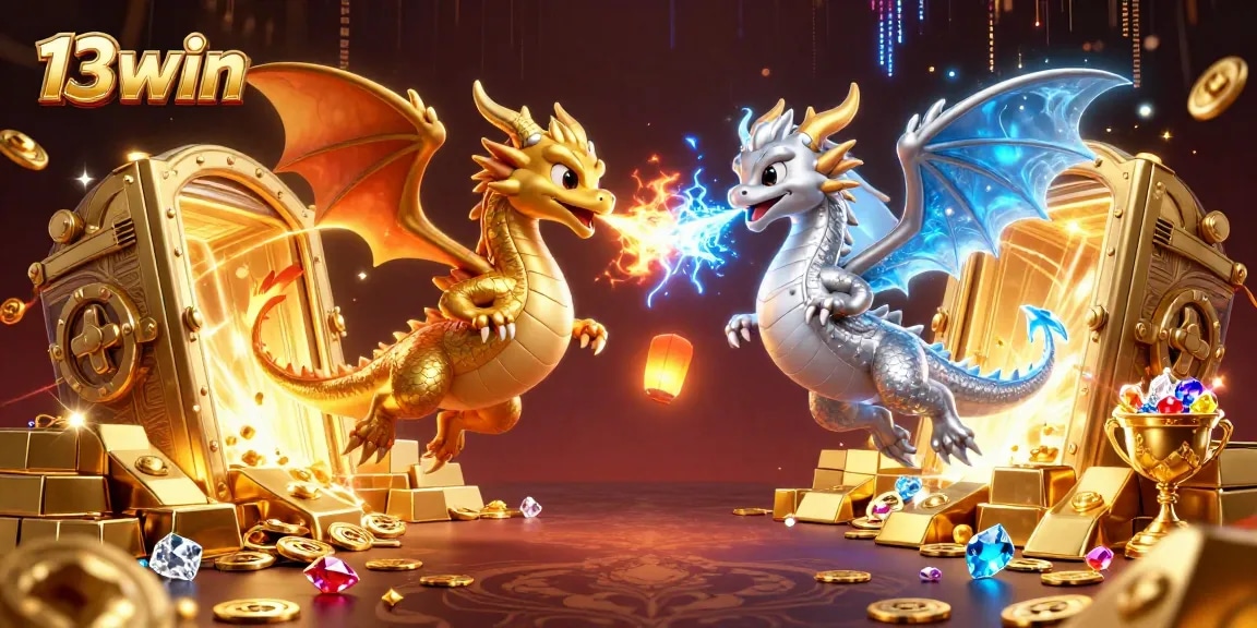 Experience thrilling gameplay with 13win's adventure featuring fiery and icy dragons surrounded by treasures.