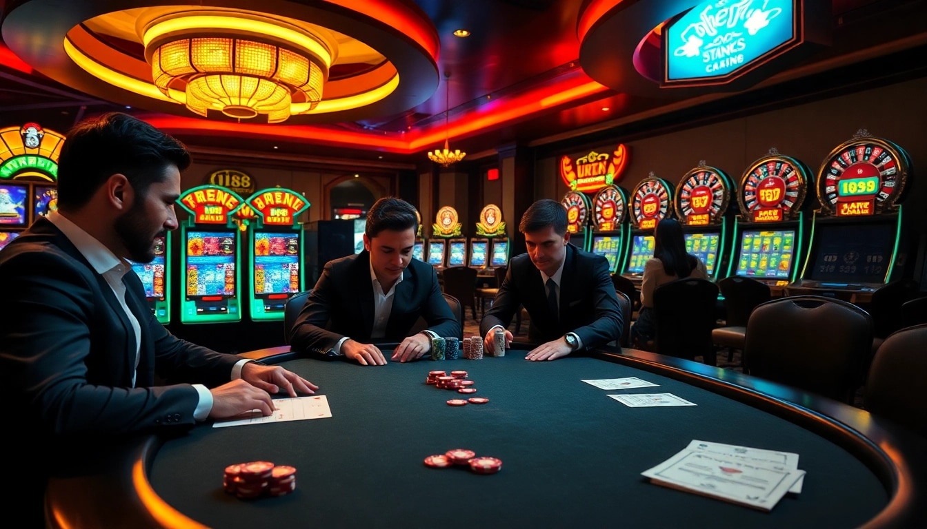 Exciting poker game at UU88 casino with players and vibrant slot machines.