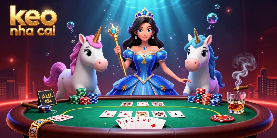 Engage with keo nha cai through a vibrant 3D scene featuring a poker game and enchanting characters.
