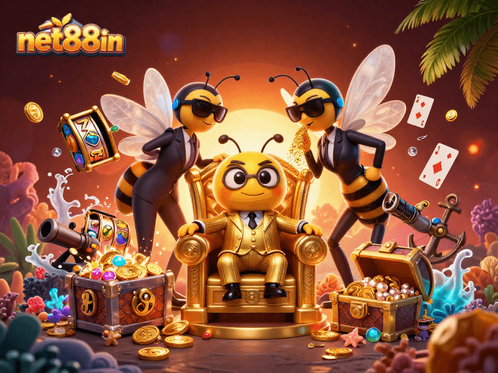 Experience the excitement at net88in with this rich illustration of a bumblebee mob boss in a thrilling casino scene.
