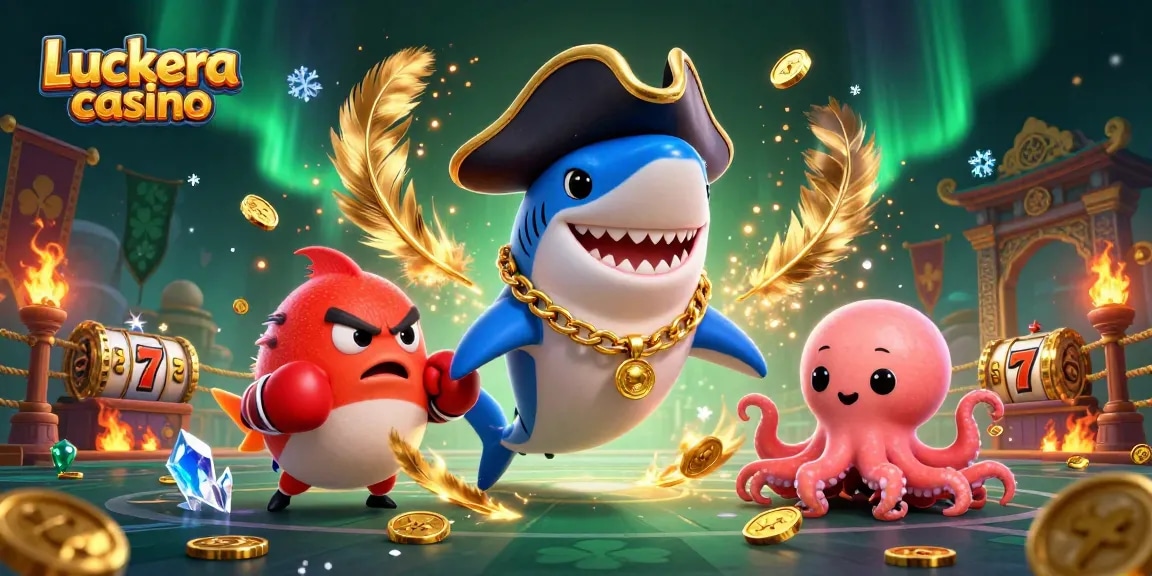 Experience excitement at Luckera casino with 3D cartoon characters and vibrant casino elements.
