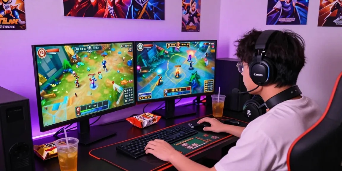 Immersive gaming experience with rikvip displayed on dual screens, vibrant atmosphere.