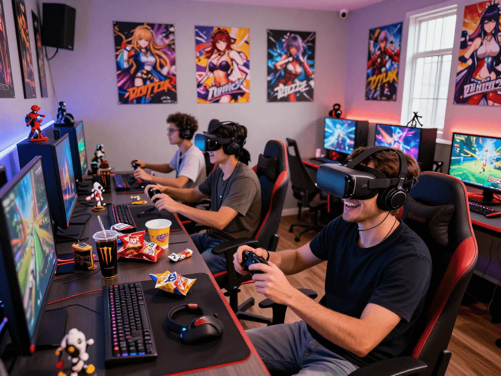 Engaged friends playing a porn game online in a vibrant gaming lounge atmosphere.