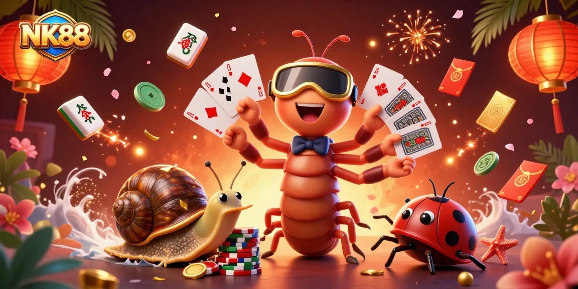 Watch the NK88 dealer showcase cards while the high-roller snail and excited pill bug elevate the gaming experience.