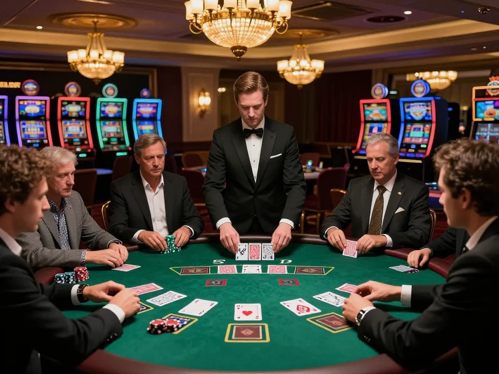 Engaging blackjack players at https://va88.now/ showcasing strategic moves and luxury atmosphere in a casino.