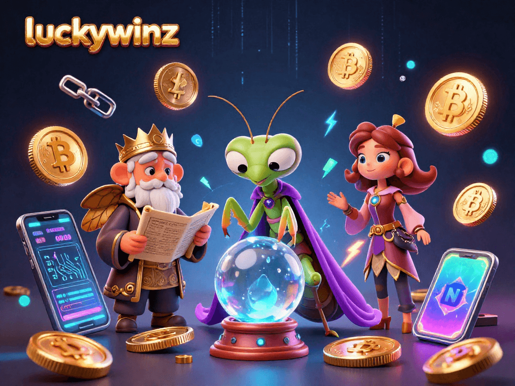 Engage with luckywinz at this vibrant 3D illustration showcasing a mystical casino experience with charming characters.