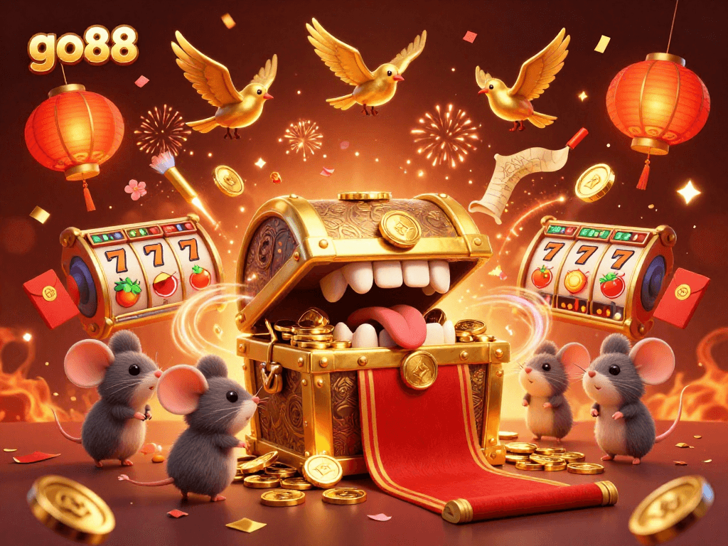 Experience go88's thrilling adventure with a treasure chest and lucky symbols in a vibrant casino scene.