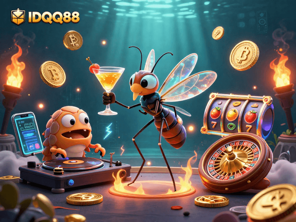 Engage with IDQQ88's vibrant casino experience featuring a dynamic slot theme and crypto elements.