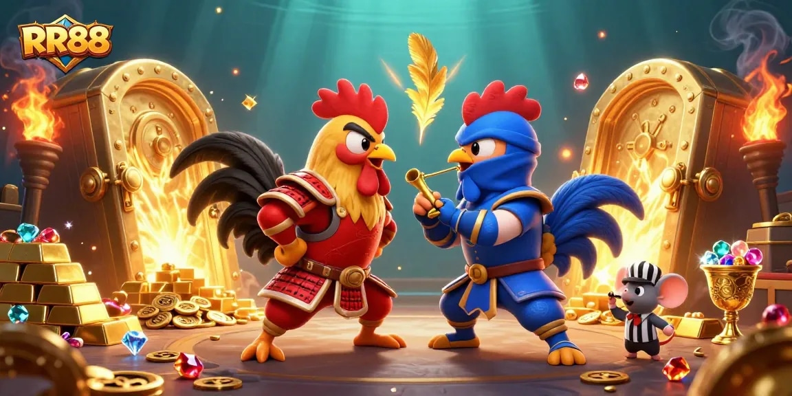Engage with RR88's thrilling combat as cartoon roosters duel among jewels and treasures.