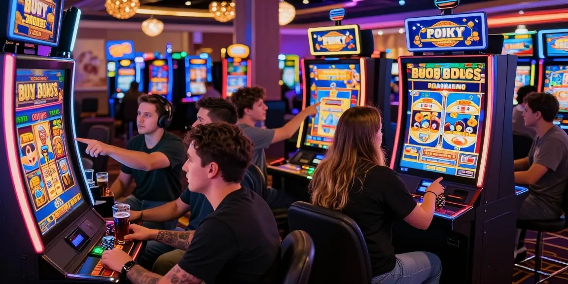 Players excitedly enjoying bonus buy slots at a bustling casino, showcasing vibrant interactions.