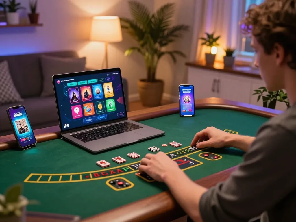 Player enjoying baccarat on 33WIN site in a cozy home office setup.