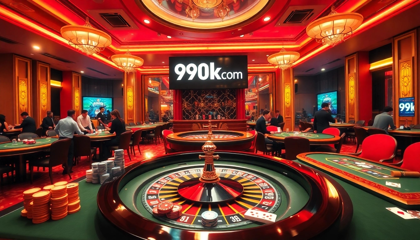Experience the thrilling ambiance of 99OK com with elegant gaming tables and excited players.