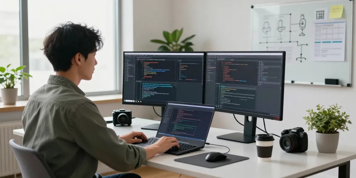 Developer sedang bekerja dengan sistem 68gb di ruang kerja modern