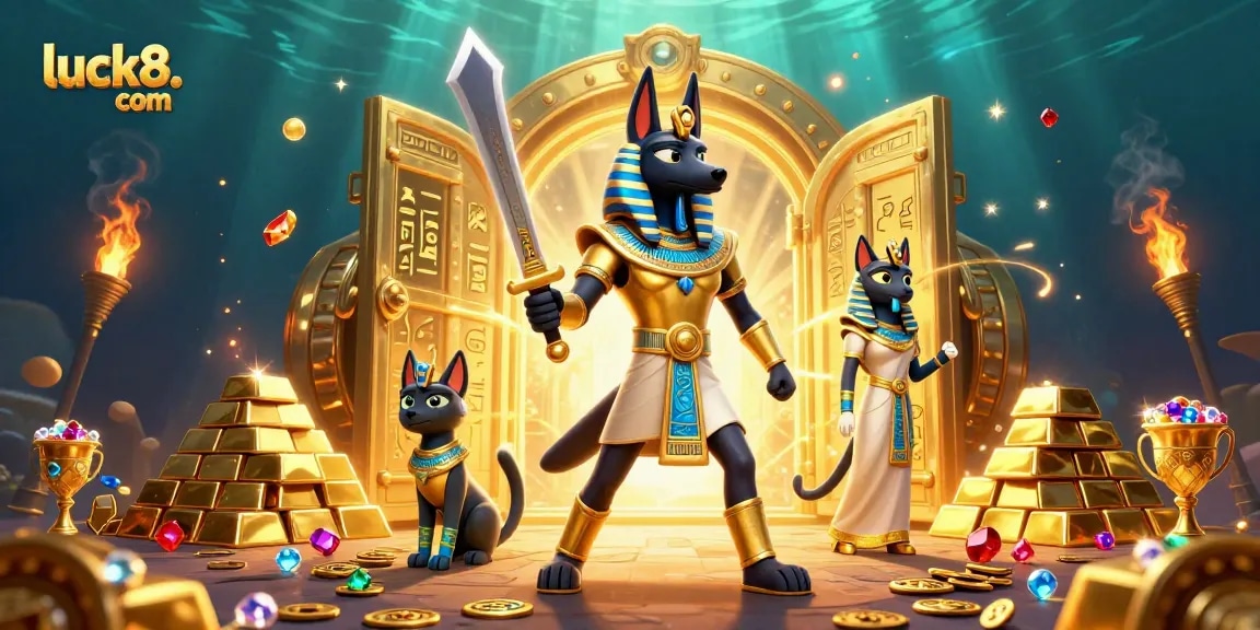 Unlock treasure with luck8. com's vibrant casino adventure featuring Anubis and treasures.