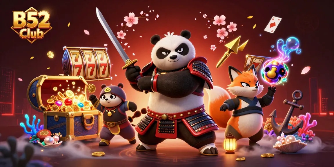 B52 Club offers thrilling slots and jackpot experiences surrounded by animated characters and treasures.
