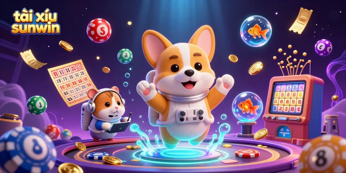 Experience the excitement of tài xỉu sunwin with a dynamic casino illustration featuring a floating corgi astronaut and vibrant game elements.
