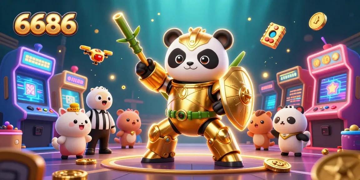 Engage in vibrant 6686 casino adventures with a dynamic 3D panda pilot amidst lively game features.