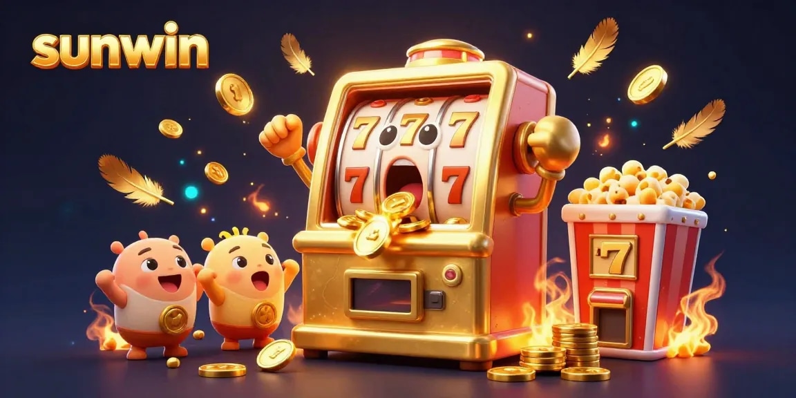 sunwin slot machine hits jackpot, cheer from baby slots, vibrant casino scene