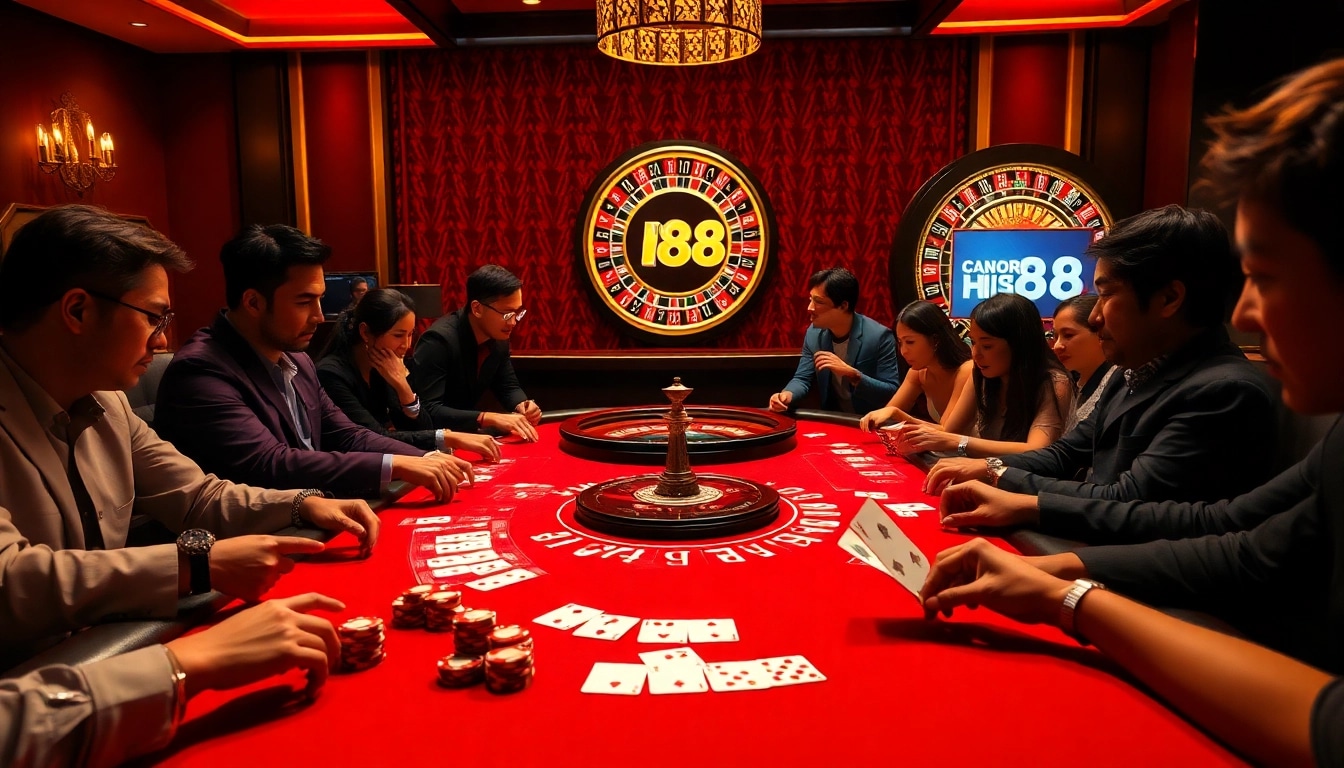 Players enjoying a thrilling game at a Hi88 casino table with poker chips and cards.