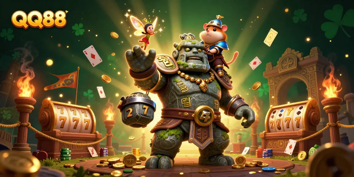 Engage with QQ88’s dynamic gaming scene, featuring a golem guardian and whimsical characters.