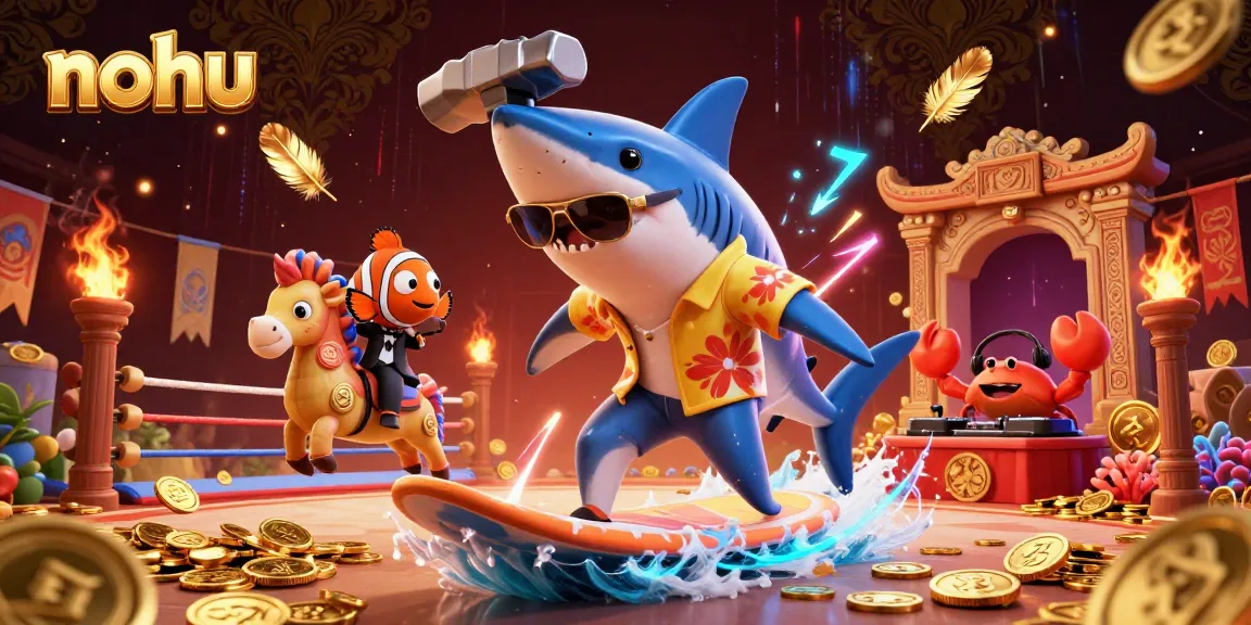 Nohu's 3D illustration features a shark surfing on gold coins with a clownfish and crab DJ, showcasing a vibrant casino environment.
