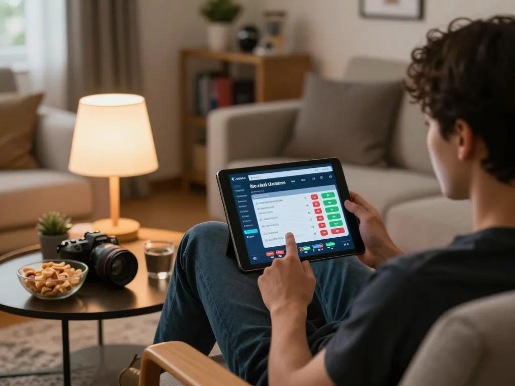 Person analyzing kèo nhà cái trực tuyến on tablet for sports betting at home.