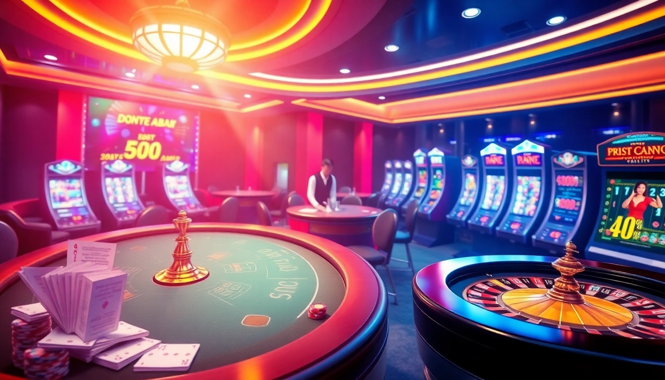 Lỗi Nạp – Rút 68 Game Bài in a vibrant online casino atmosphere featuring poker tables and slot machines.